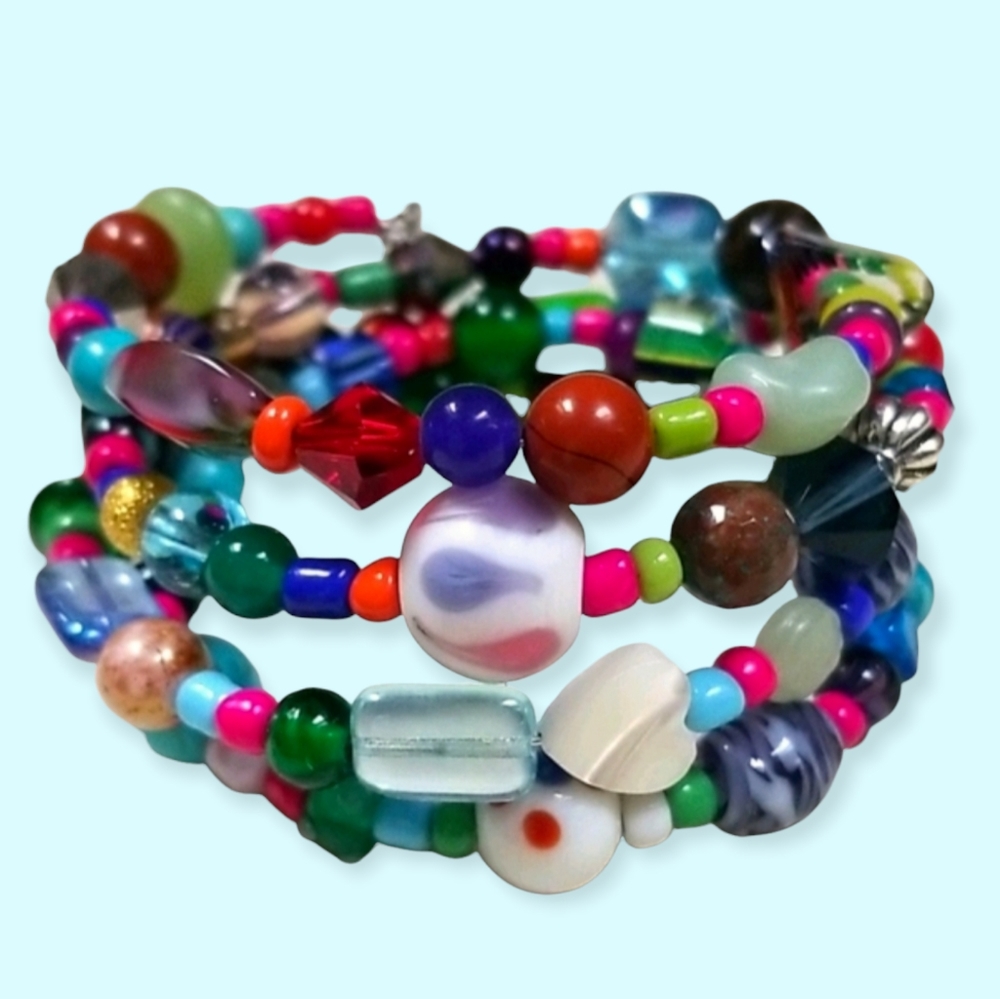 Hand Crafted Vintage Glass and Turquoise and Semi-precious Bead Wrap Bracelet - Picture 4 of 16